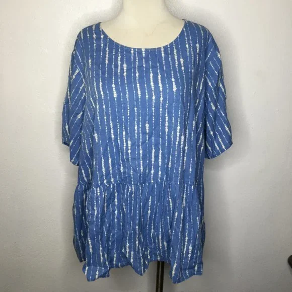 Denim & Co. Naturals Printed Linen Blend Peplum Blouse Plus Size 2X Blue/White - Picture 9 of 11